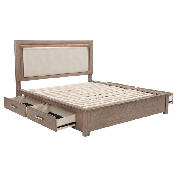 Cama Kenora Eastern King de 56 pulgadas con almacenamiento LED en marrón cebada