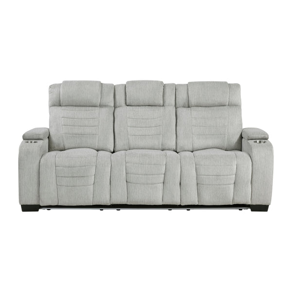 Ronan Collection Double Reclining Sofa with Center Drop-Down Cup Holders, Storage Arms, Cup Holders, Reading Lights, Magazine Bag, Receptacles, Charging Ports and LED