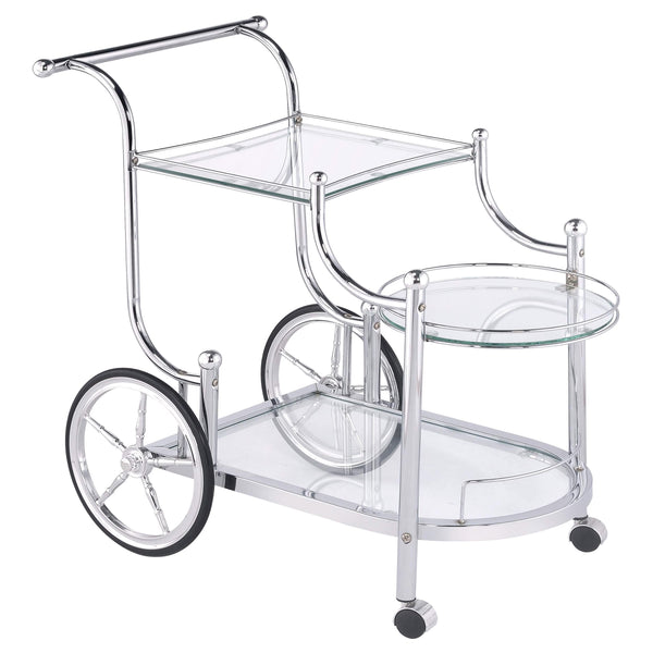 Carrito de bar de metal con estantes de vidrio de 3 niveles Sarandon, cromado