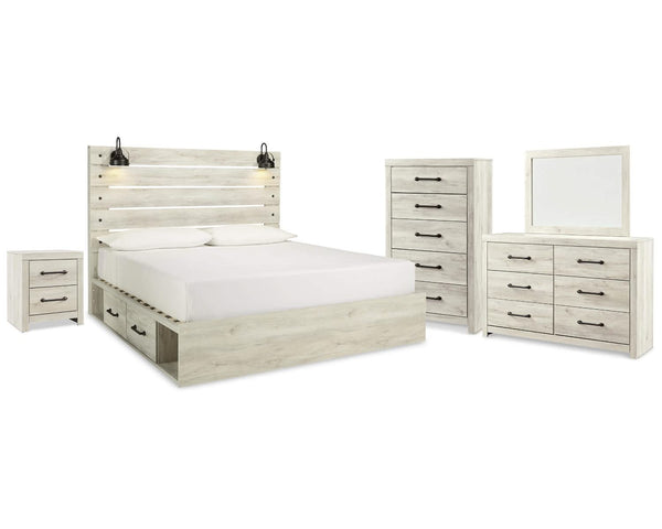 Cama King Cambeck con almacenamiento, tocador, espejo, cómoda y mesita de noche