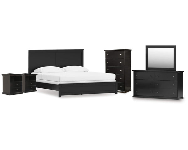 Cama Maribel King con paneles, tocador, espejo, cómoda y dos mesitas de noche