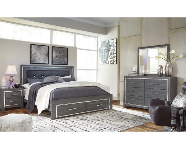 Cama King tapizada con almacenaje, tocador, espejo y mesita de noche Lodanna