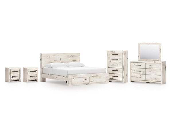 Cama King con almacenamiento Lawroy, tocador, espejo, cómoda y dos mesitas de noche