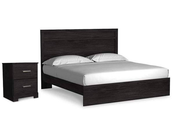 Cama con panel tamaño king y mesita de noche Belachime