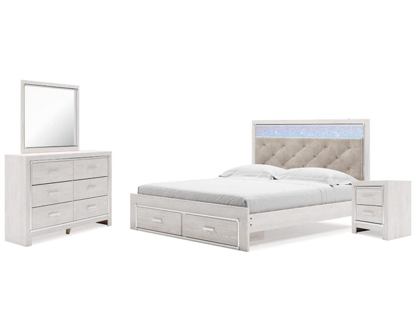 Cama Altyra King con almacenamiento, tocador, espejo y mesita de noche con paneles tapizados