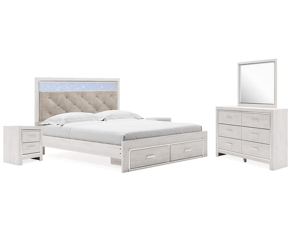 Cama King Altyra tapizada con almacenaje, tocador, espejo y dos mesitas de noche