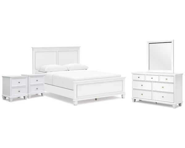 Cama Fortman Queen con paneles, tocador, espejo y dos mesitas de noche