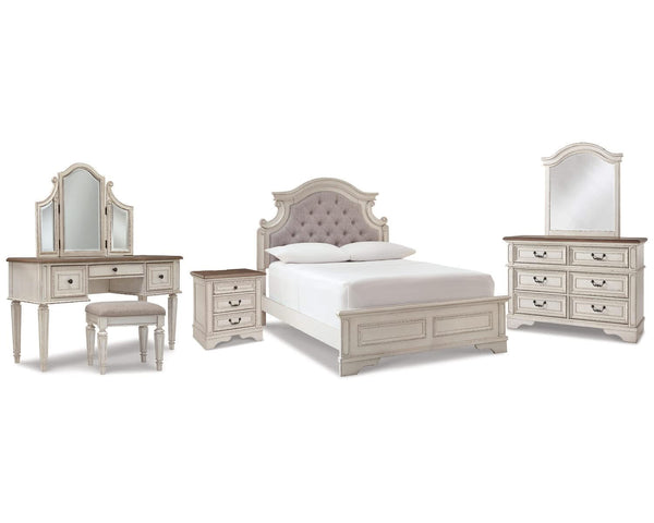 Realyn Full Panel Bed, Dresser, Mirror, 3-Piece Vanity and Nightstand