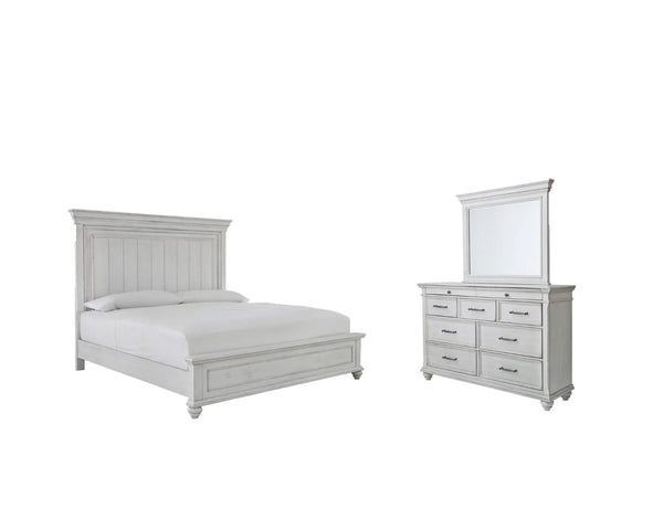 Cama King con paneles Kanwyn, cómoda y espejo