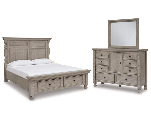 Cama Queen Harrastone con paneles, cómoda y espejo