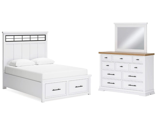 Cama Queen Ashbryn con almacenamiento, tocador y espejo