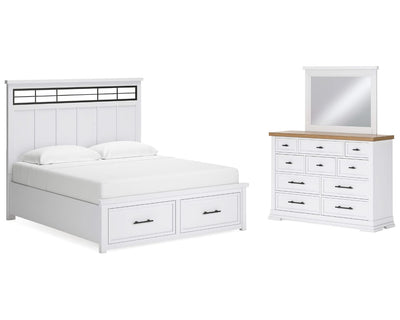 Cama King Ashbryn con almacenamiento, tocador y espejo
