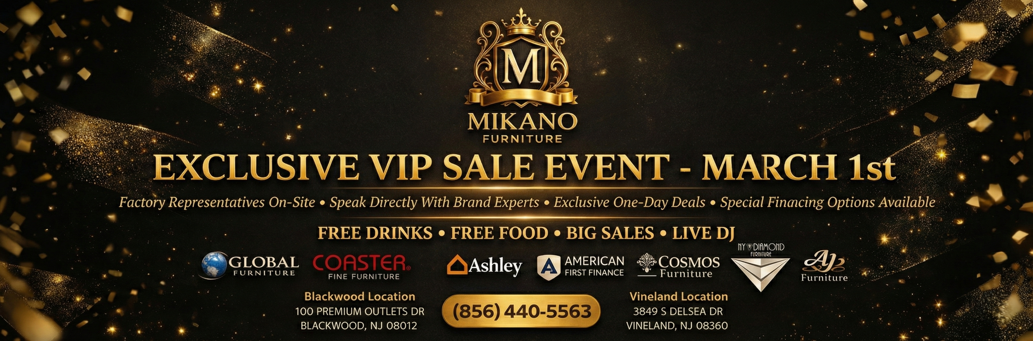 Promotional banner for Mikano Exclusive VIP Sale Event with gold text and logo on a dark background.