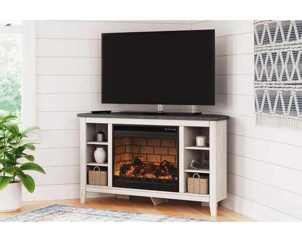 Mueble de TV esquinero Dorrinson con chimenea eléctrica