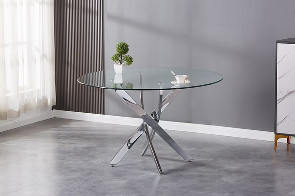 Mesa de comedor redonda de cristal plateado