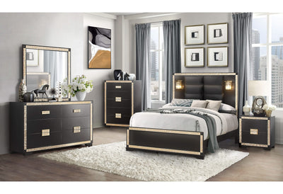 CAMA QUEEN BLAKE NEGRA/DORADA CON LÁMPARAS, CÓMODA, ESPEJO Y MESITA DE NOCHE