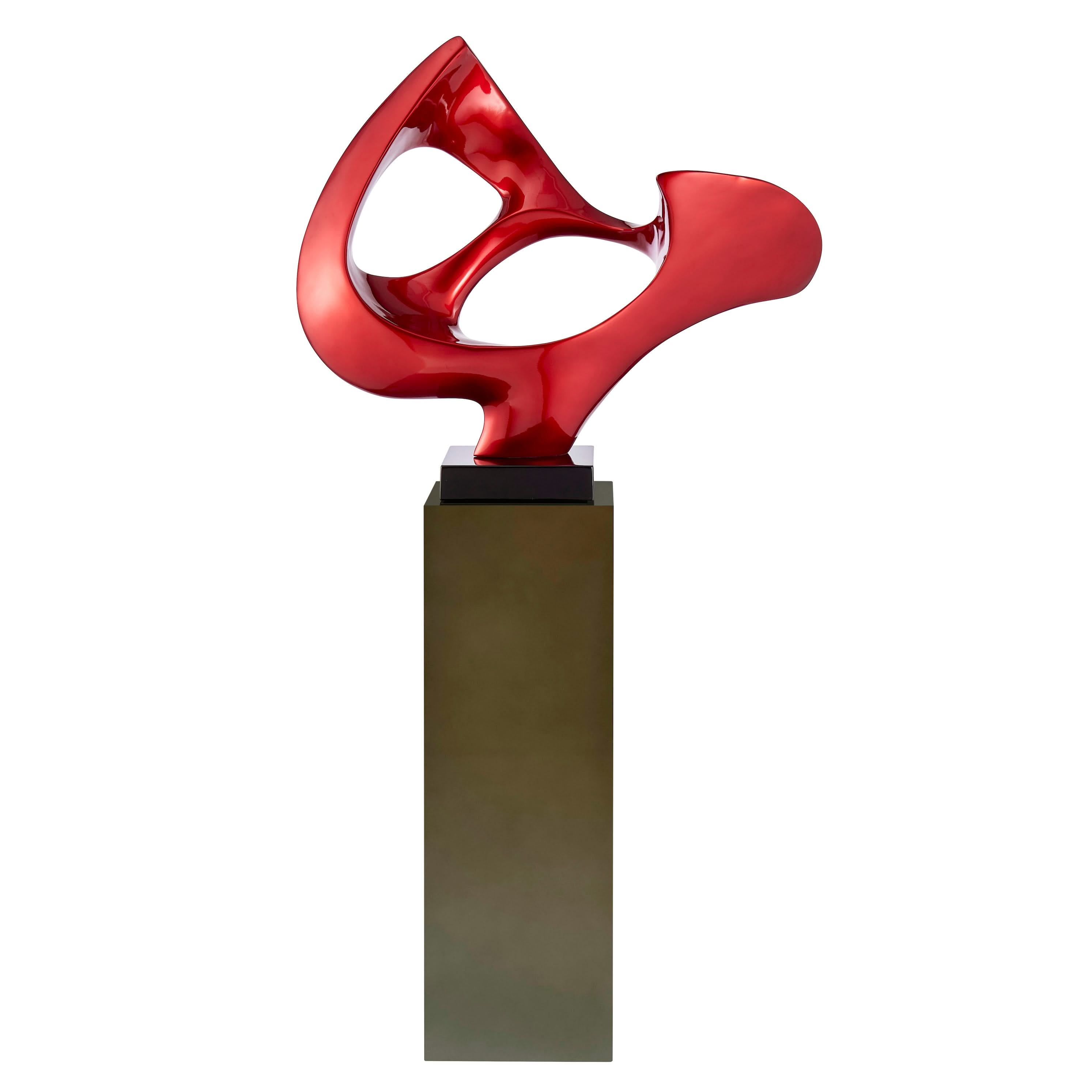 Escultura de suelo con máscara abstracta roja metálica y soporte gris, 137 cm de alto