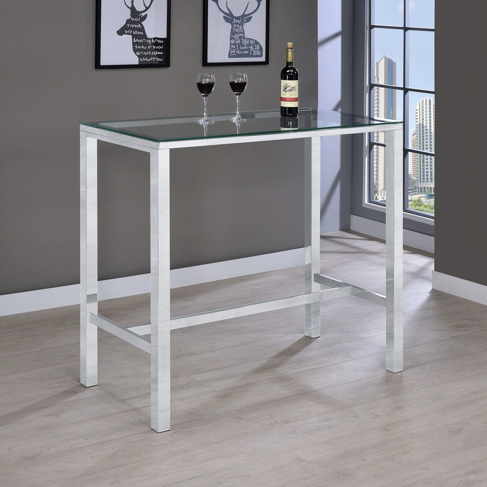 Mesa de bar rectangular Tolbert de 47 pulgadas con tapa de vidrio y cromo