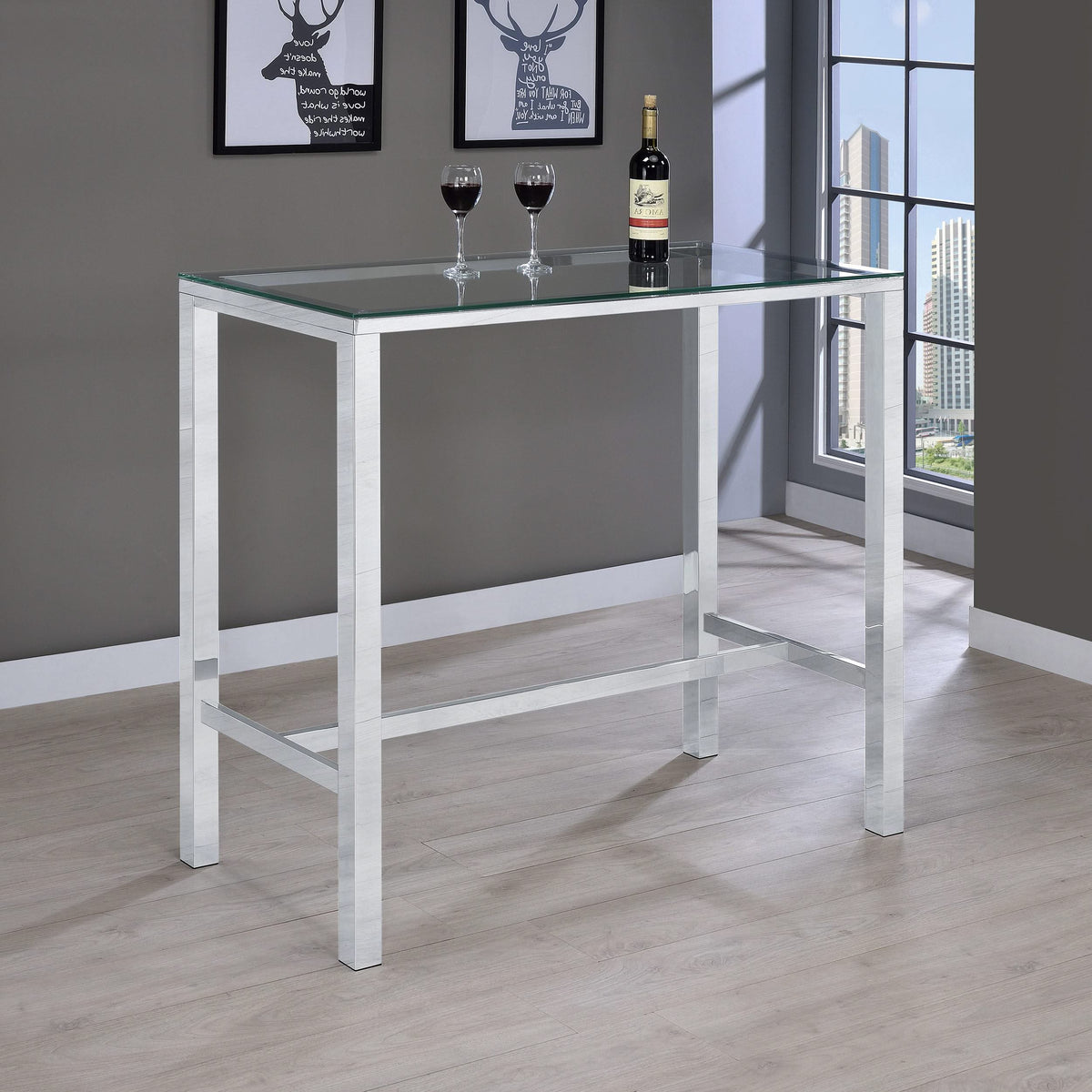 Mesa de bar rectangular Tolbert de 47 pulgadas con tapa de vidrio y cromo