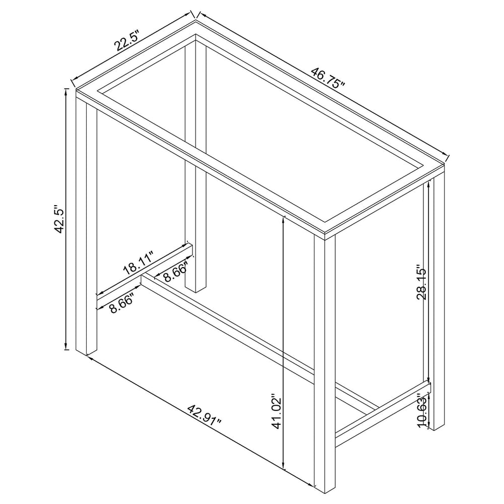 Mesa de bar rectangular Tolbert de 47 pulgadas con tapa de vidrio y cromo