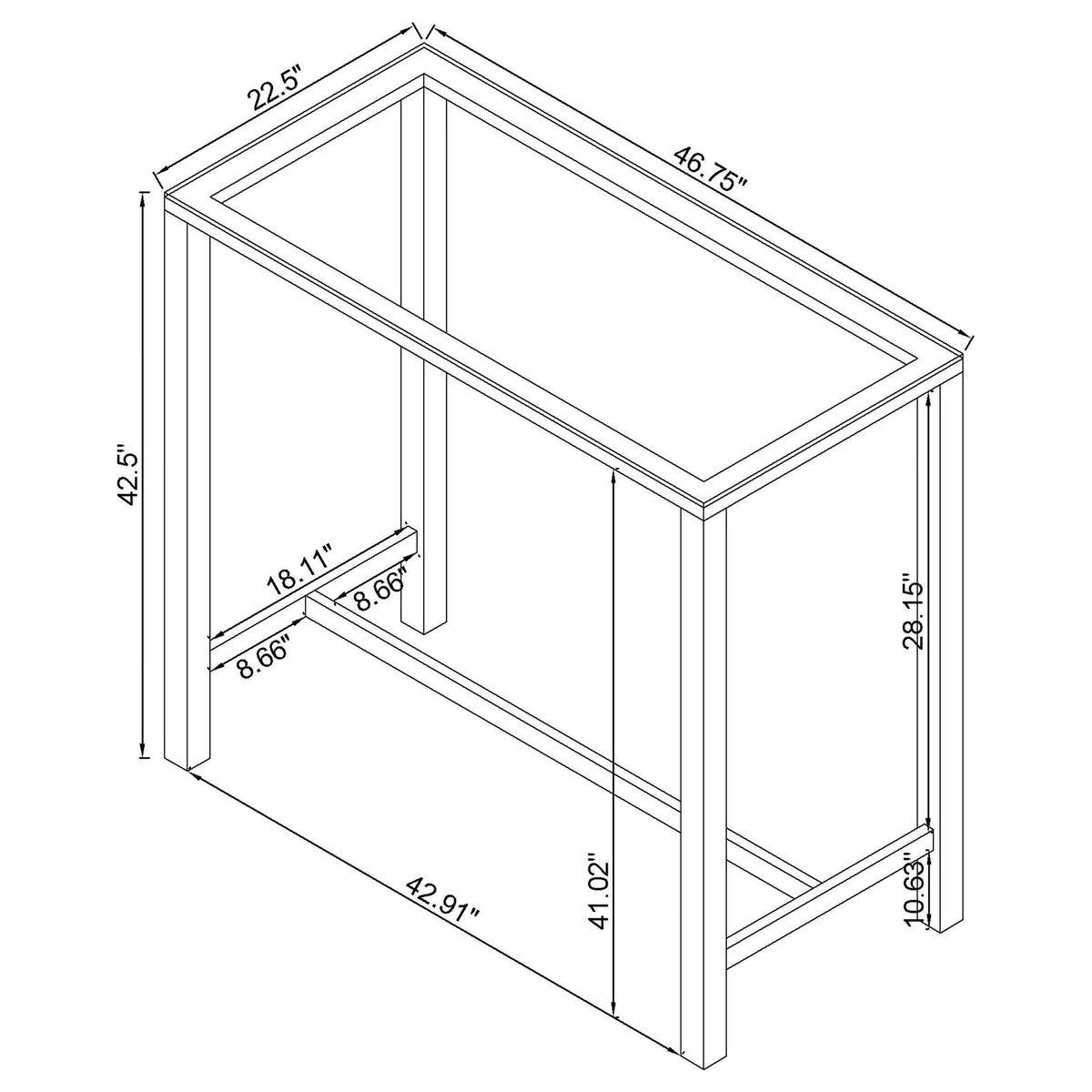 Mesa de bar rectangular Tolbert de 47 pulgadas con tapa de vidrio y cromo