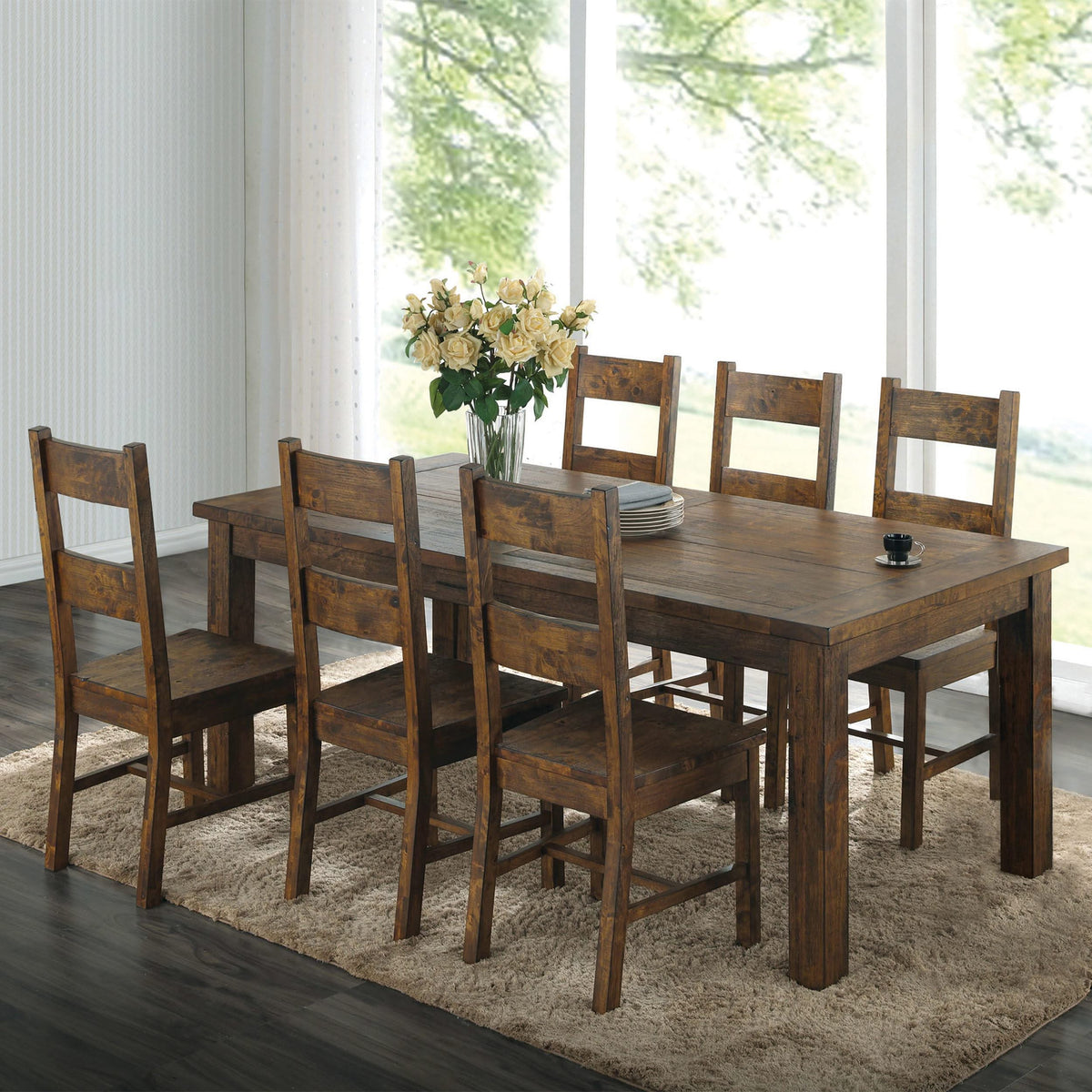 Juego de comedor rectangular Coleman de 7 piezas, marrón dorado rústico