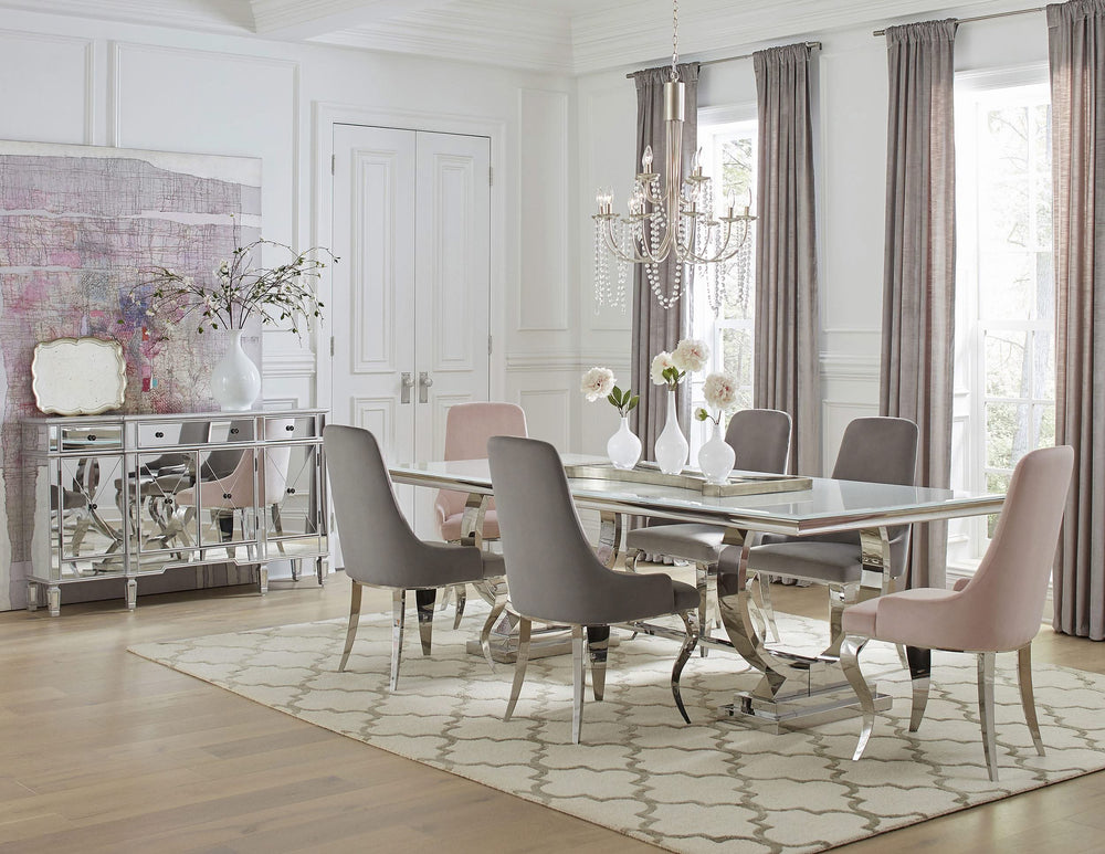 Juego de comedor Antoine de 7 piezas con tapa de vidrio rectangular, gris y rosa