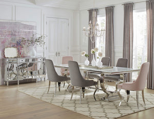 Juego de comedor Antoine de 7 piezas con tapa de vidrio rectangular, gris y rosa