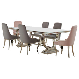 Juego de comedor Antoine de 7 piezas con tapa de vidrio rectangular, gris y rosa