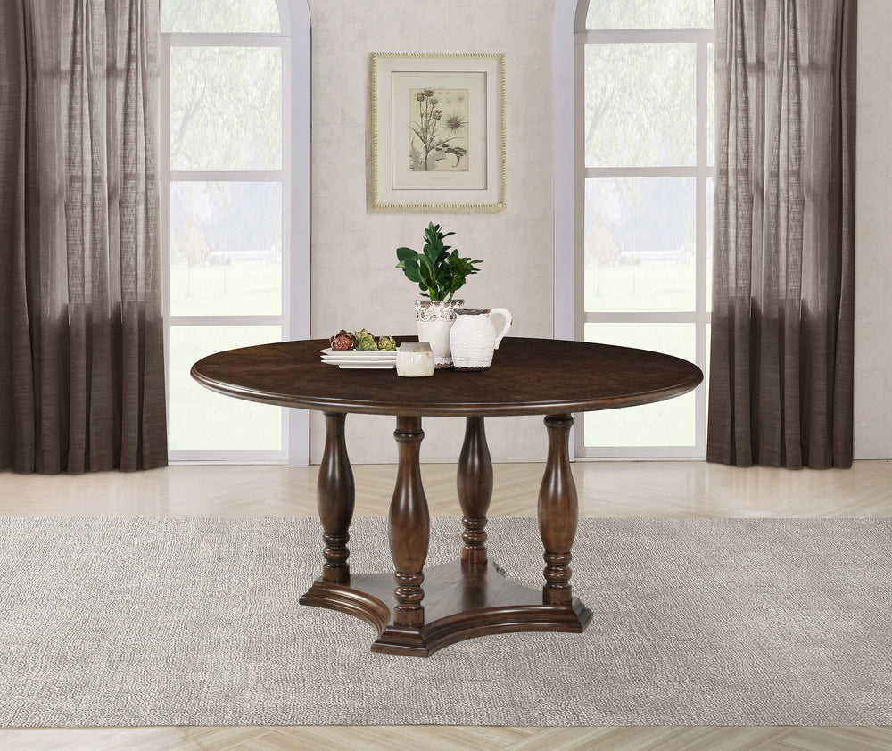 Mesa de comedor con pedestal de madera redonda Landon de 60 pulgadas en marrón intenso