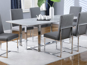 Mesa de comedor rectangular Annika con tapa de vidrio, blanca y cromada