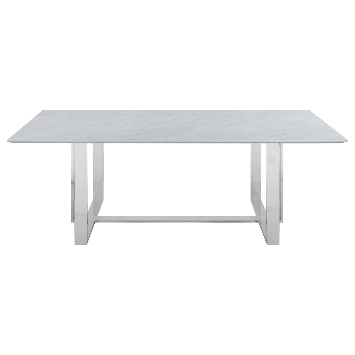 Mesa de comedor rectangular Annika con tapa de vidrio, blanca y cromada