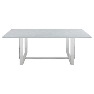 Mesa de comedor rectangular Annika con tapa de vidrio, blanca y cromada