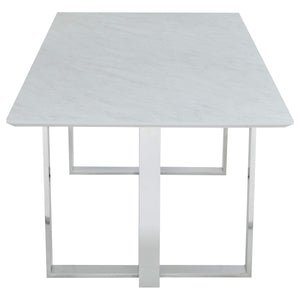 Mesa de comedor rectangular Annika con tapa de vidrio, blanca y cromada