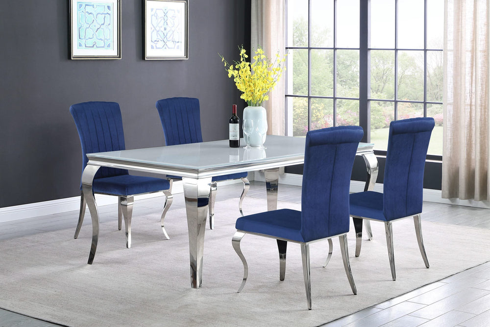 Juego de comedor Carone de 5 piezas de vidrio blanco rectangular de 81 pulgadas azul