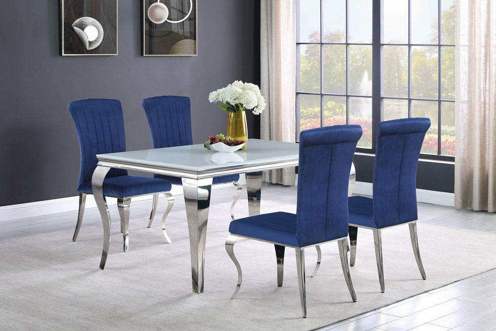 Juego de comedor Carone de 5 piezas de vidrio blanco rectangular de 61 pulgadas azul