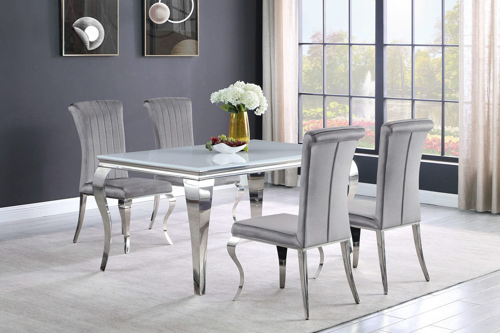 Juego de comedor Carone de 5 piezas de vidrio blanco rectangular de 61 pulgadas y gris