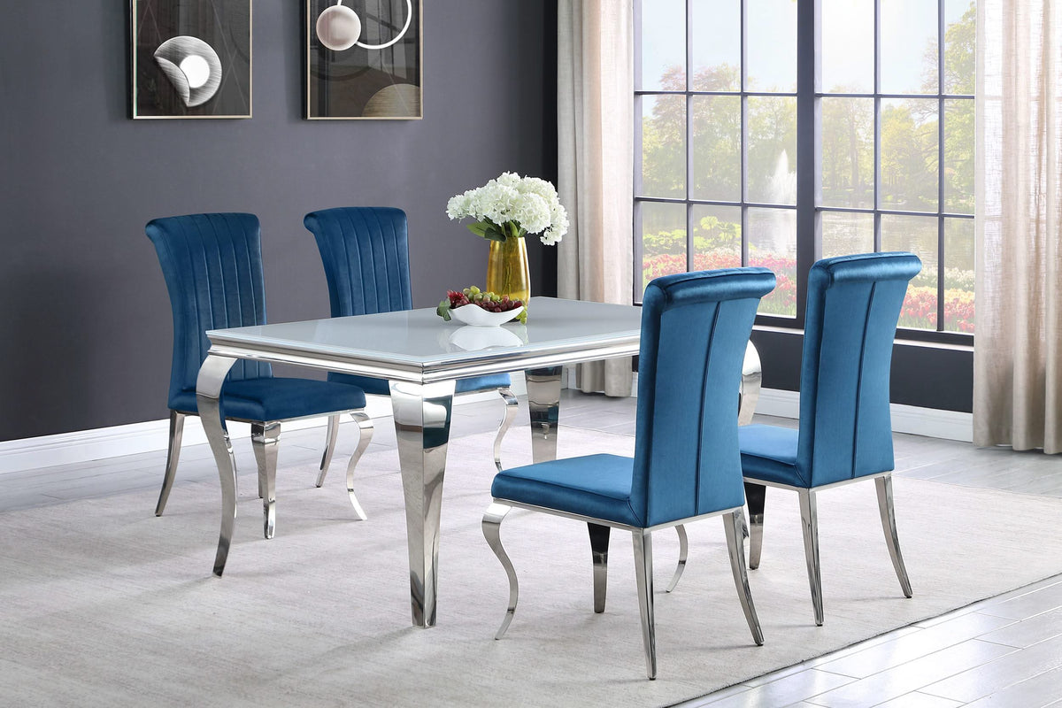Juego de comedor Carone de 5 piezas de vidrio blanco rectangular de 61 pulgadas en color verde azulado
