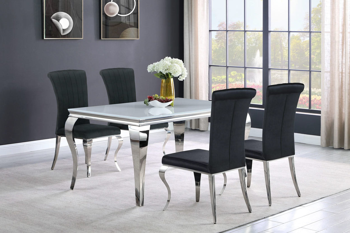 Juego de comedor Carone de 5 piezas de vidrio blanco rectangular de 61 pulgadas y color negro