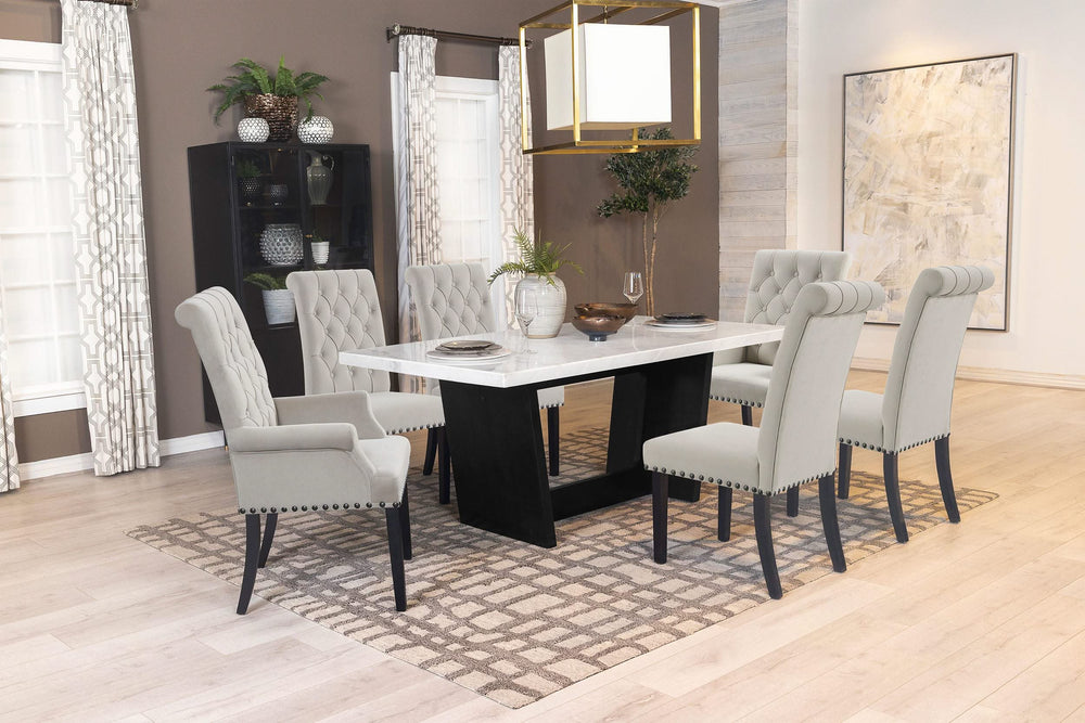 Juego de mesa de comedor rectangular de 7 piezas con tapa de mármol color arena Sherry