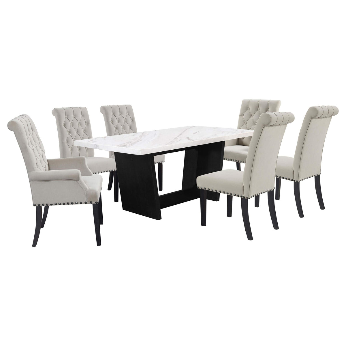 Juego de mesa de comedor rectangular de 7 piezas con tapa de mármol color arena Sherry