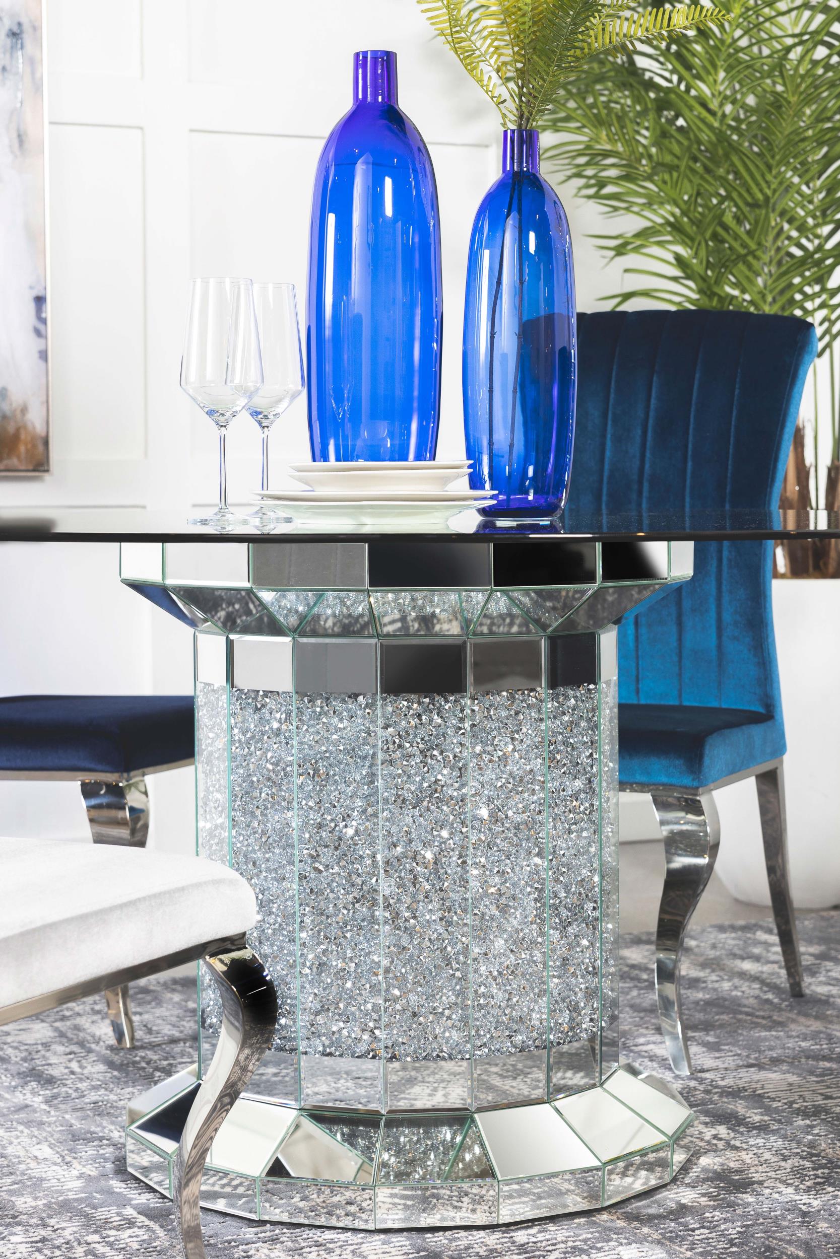 Ellie Round 52-inch Mirrored Glass Top Dining Table Silver