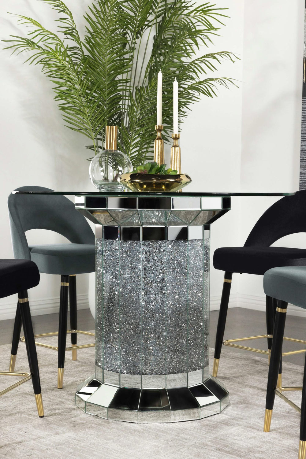 Mesa de comedor Ellie de 52 pulgadas con cubierta de vidrio y altura de mostrador, color plateado