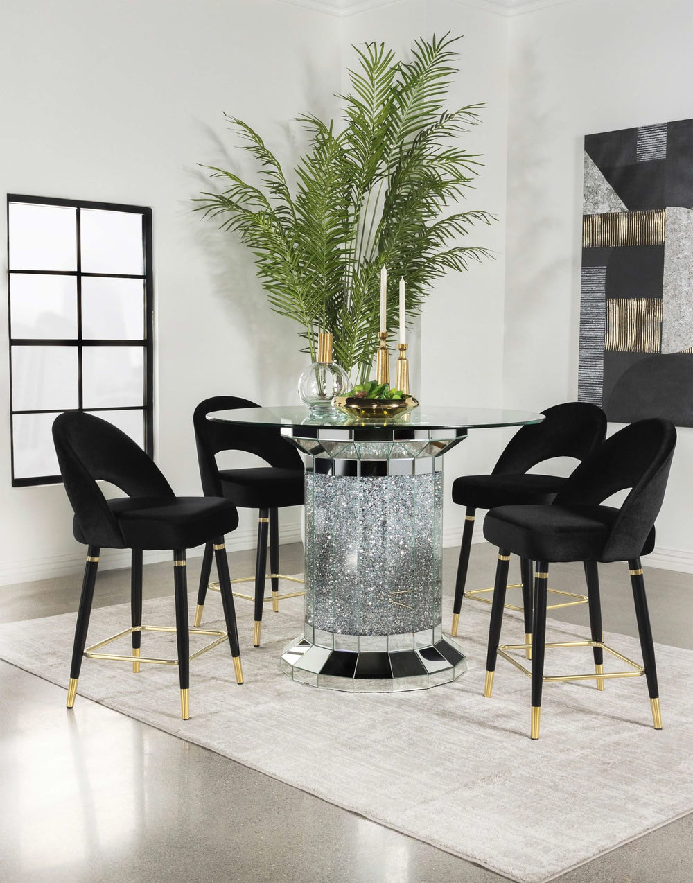 Mesa de comedor Ellie de 52 pulgadas con cubierta de vidrio y altura de mostrador, color plateado