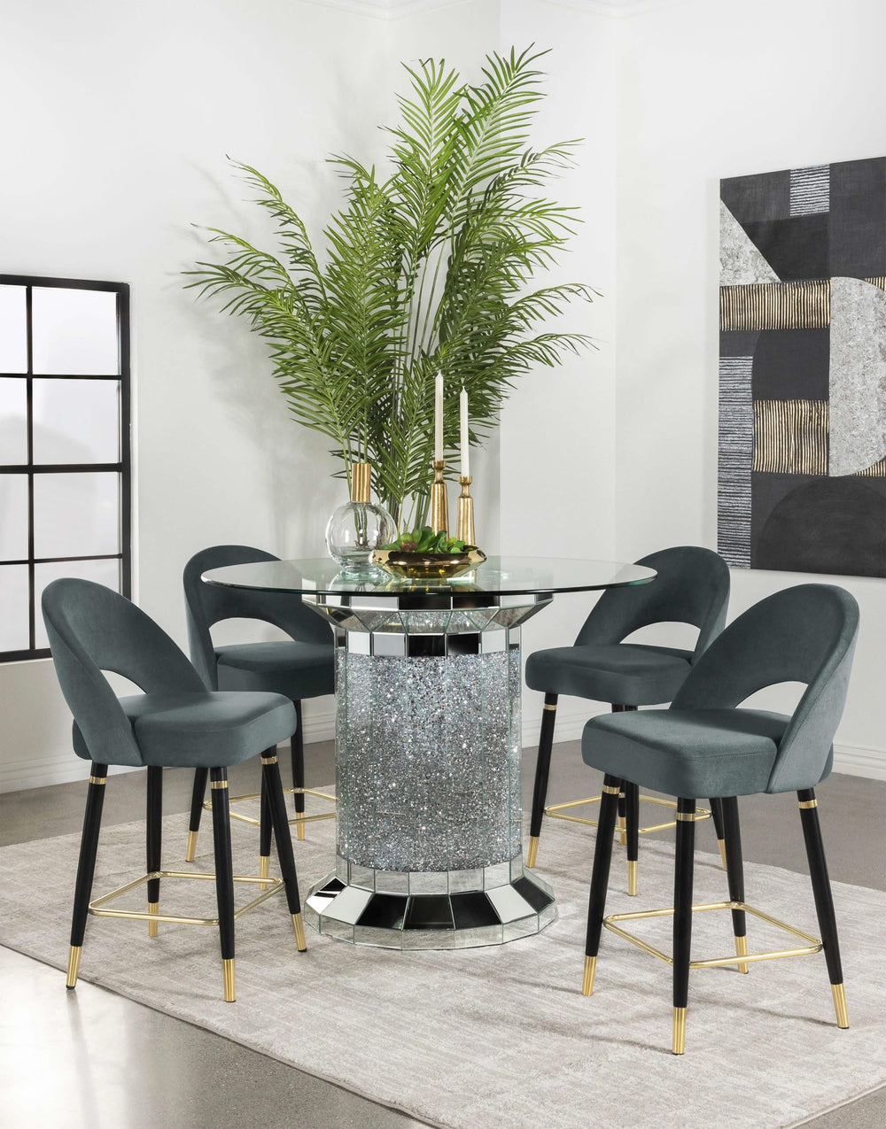 Mesa de comedor Ellie de 52 pulgadas con cubierta de vidrio y altura de mostrador, color plateado