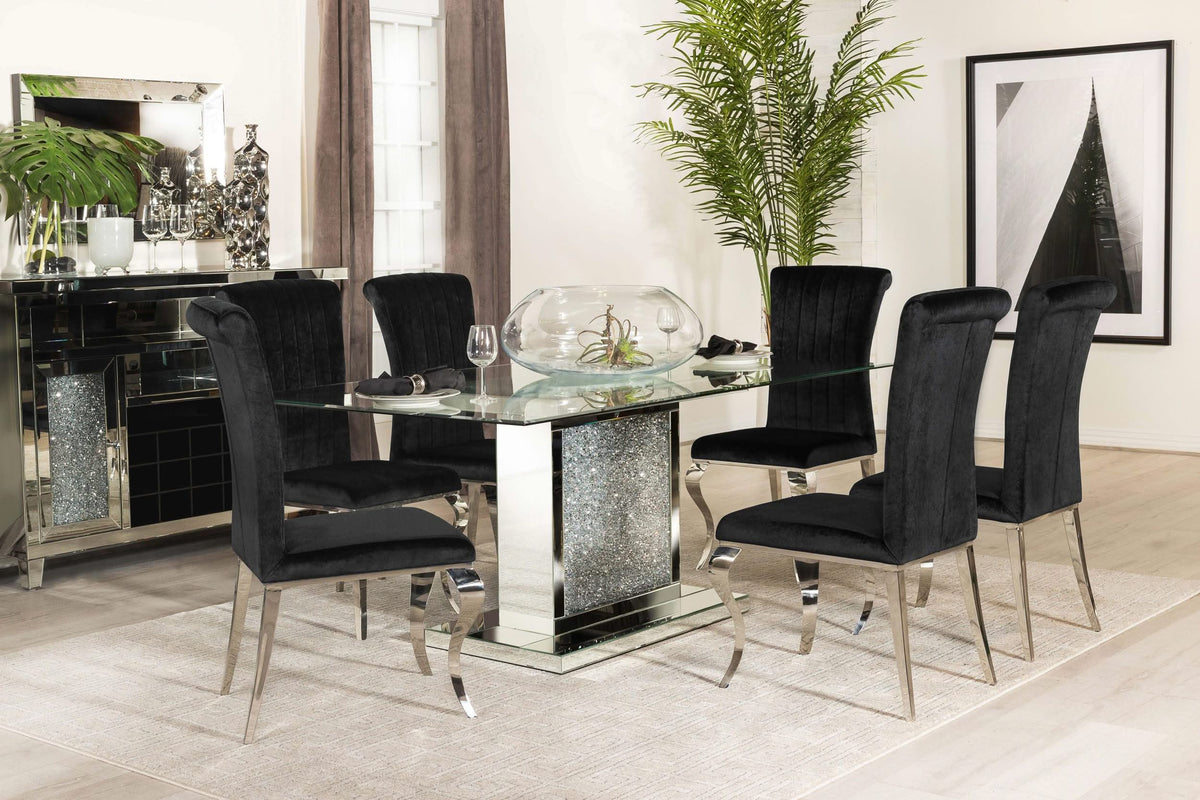 Mesa de comedor rectangular Marilyn de 72 pulgadas con tapa de vidrio plateada