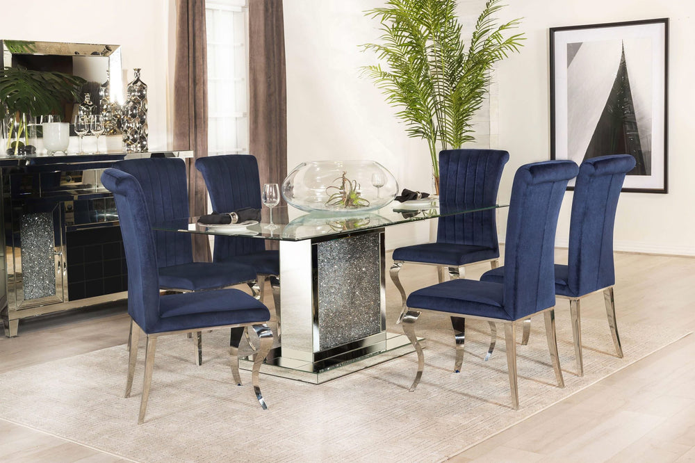 Mesa de comedor rectangular Marilyn de 72 pulgadas con tapa de vidrio plateada