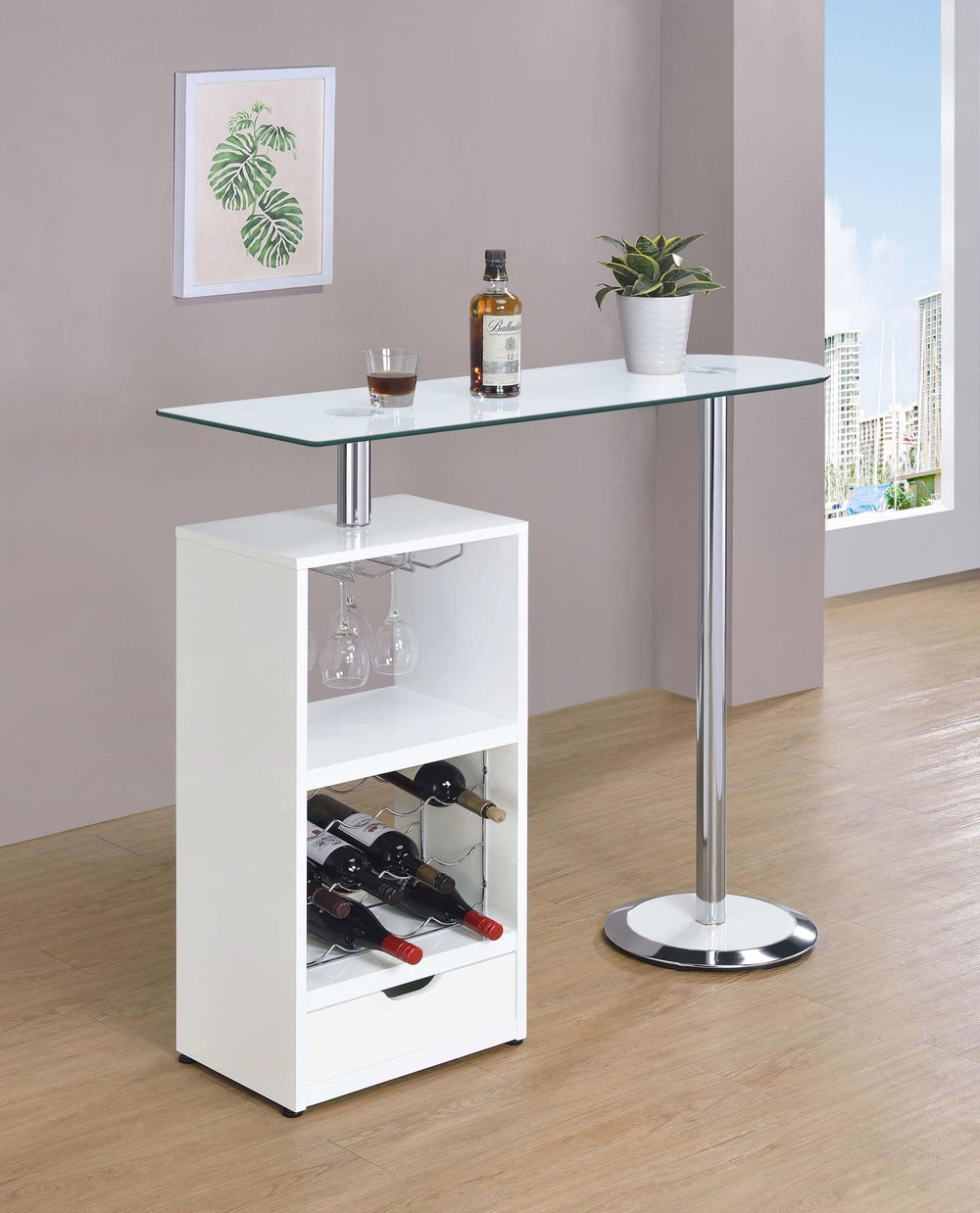 Mesa de bar Koufax con 1 cajón, blanco brillante