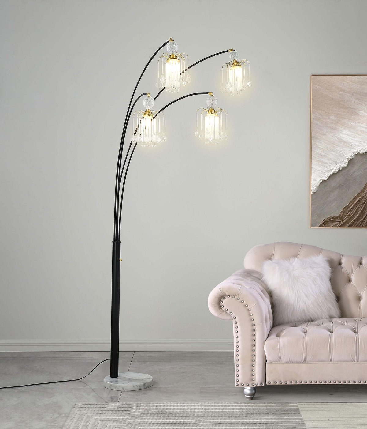 Lámpara de pie colgante Maisel de 91 pulgadas con forma de árbol de arco de cristal, color negro