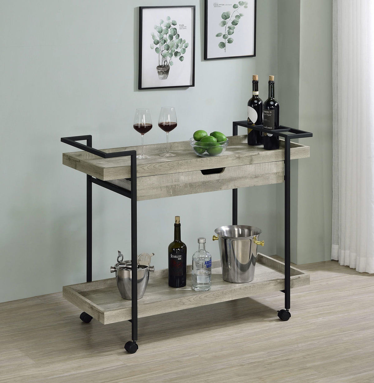 Carrito de bar Ventura de madera de ingeniería con 1 cajón, color gris Driftwood